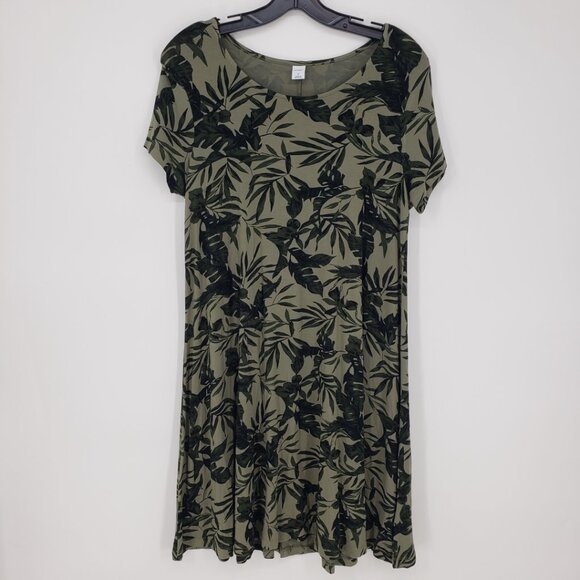 3/$25 Old Navy Tropical Palm Leaf Swing Dress M Short Sleeves A Line Olive Green - Picture 1 of 9